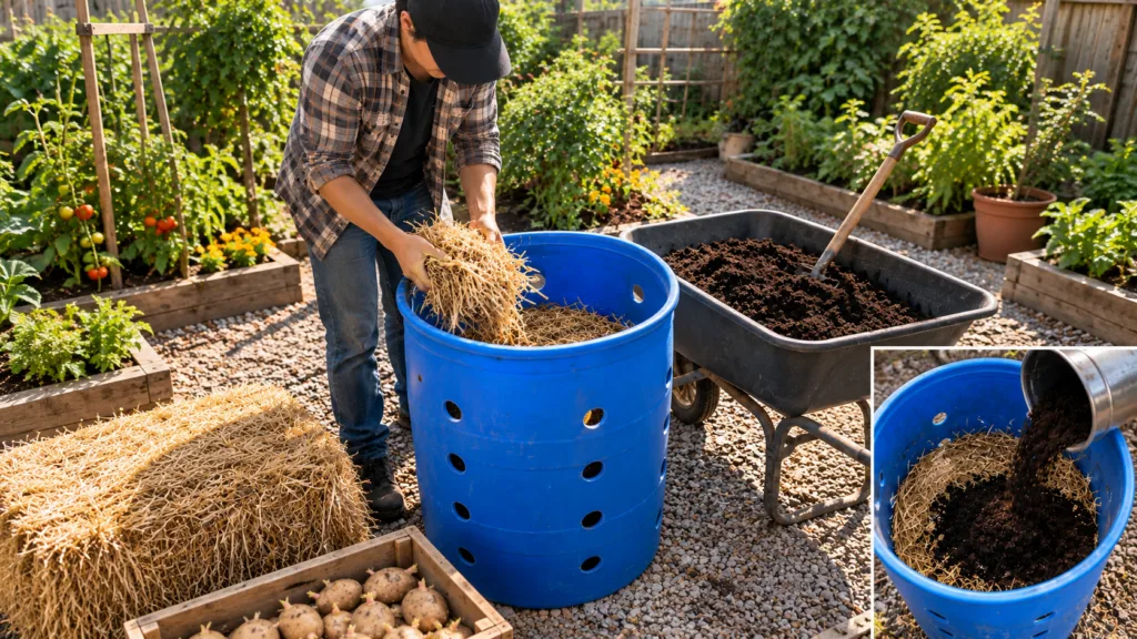 A gardener wearing a plaid shirt and cap is placing dry plant material into a large blue barrel with aeration holes prep