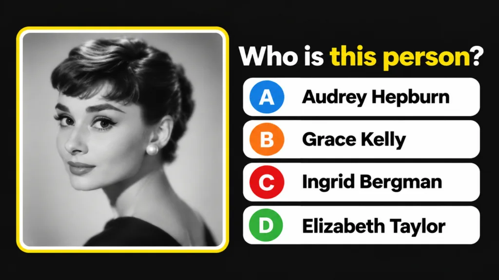 A blurred grayscale photograph of a young Grace Kelly set within a white and yellow outlined frame above the question Wh