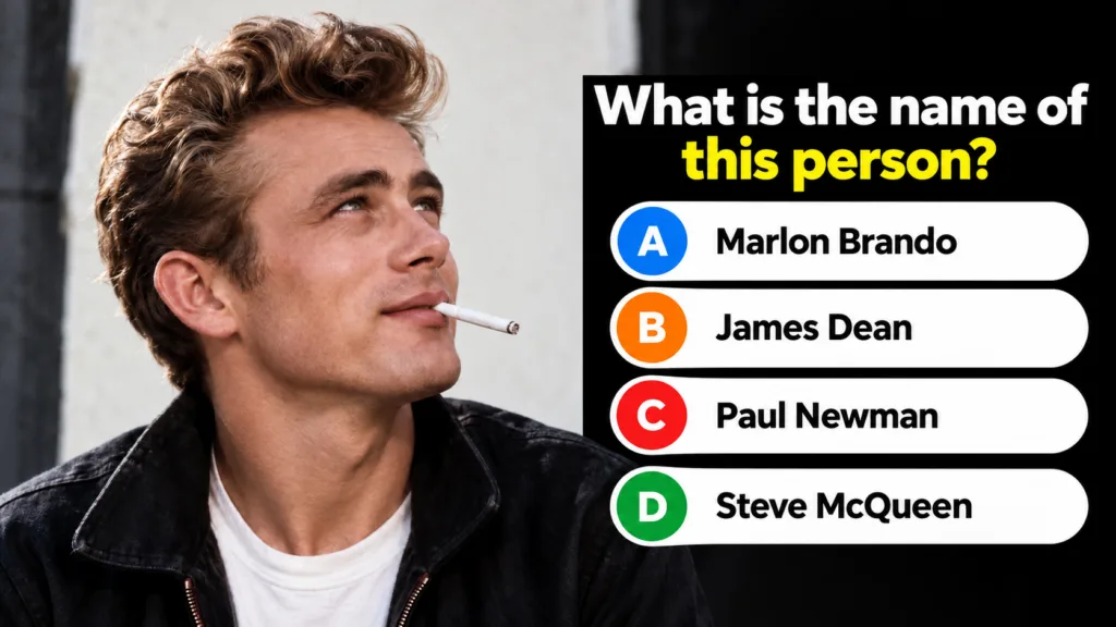 A black and yellow bordered quiz image featuring a close-up portrait of James Dean with a cigarette in his mouth a quiz 