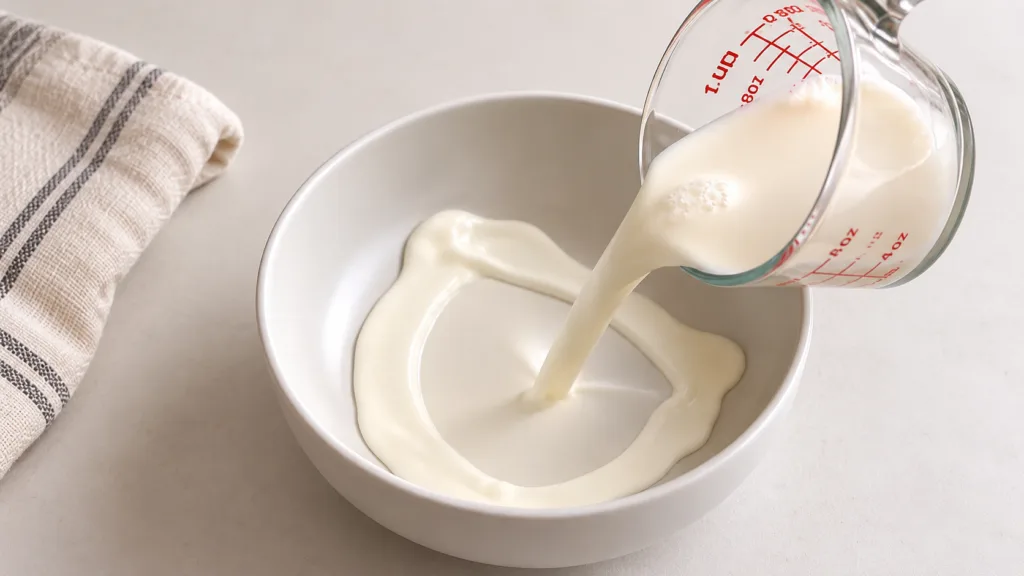 A continuous stream of creamy white plant-based milk being poured from a clear glass measuring cup into a white ceramic 