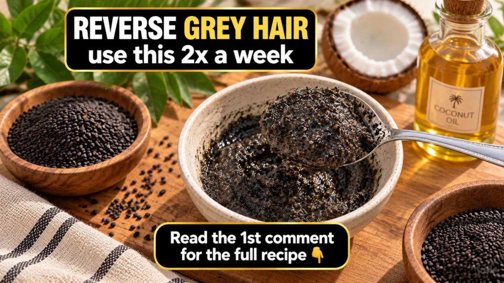 A close-up overhead shot of ingredients for a hair care remedy featuring a bowl of dark gritty black sesame seed paste w