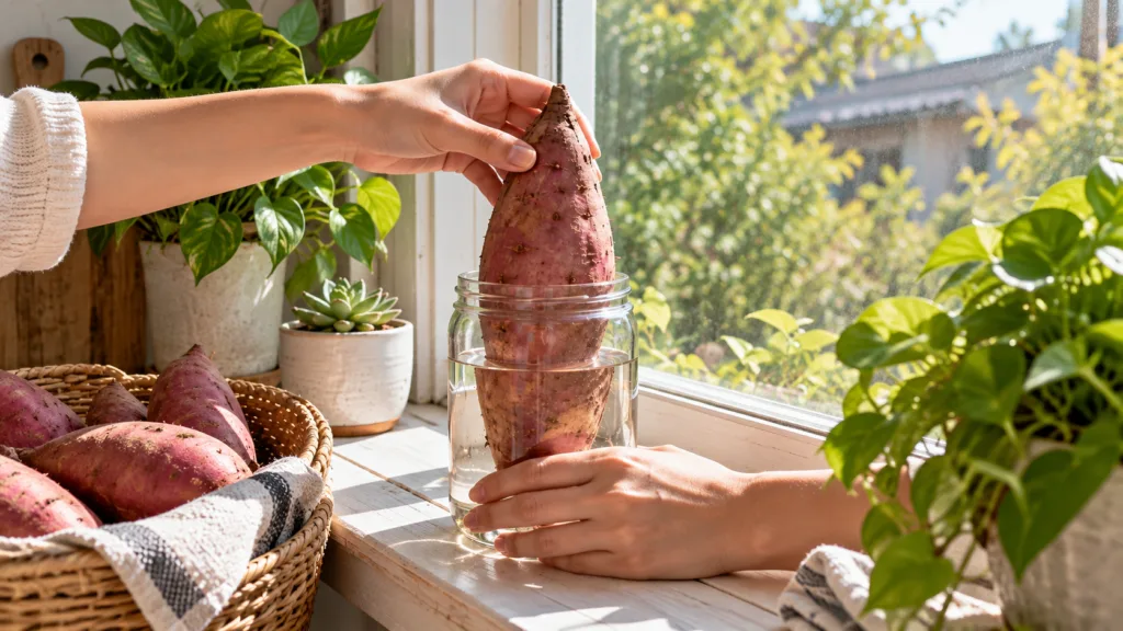 A person s hands carefully placing a large sweet potato suspended by toothpicks into a glass jar filled with water on a 