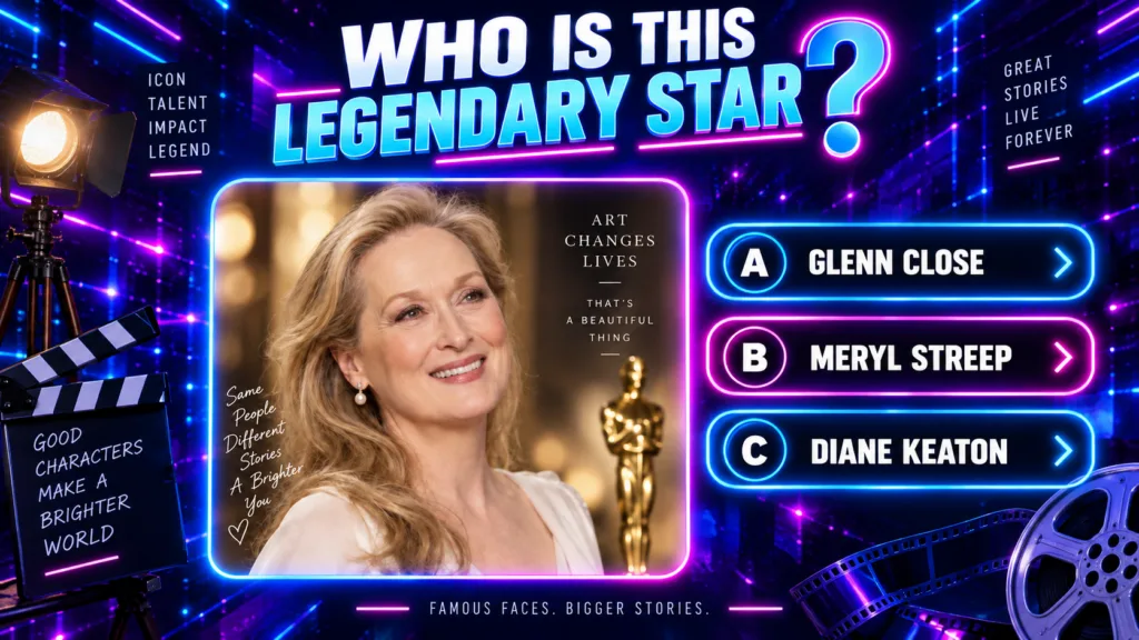 A quiz image featuring a portrait of Meryl Streep with multiple-choice options The background is dark and futuristic wit