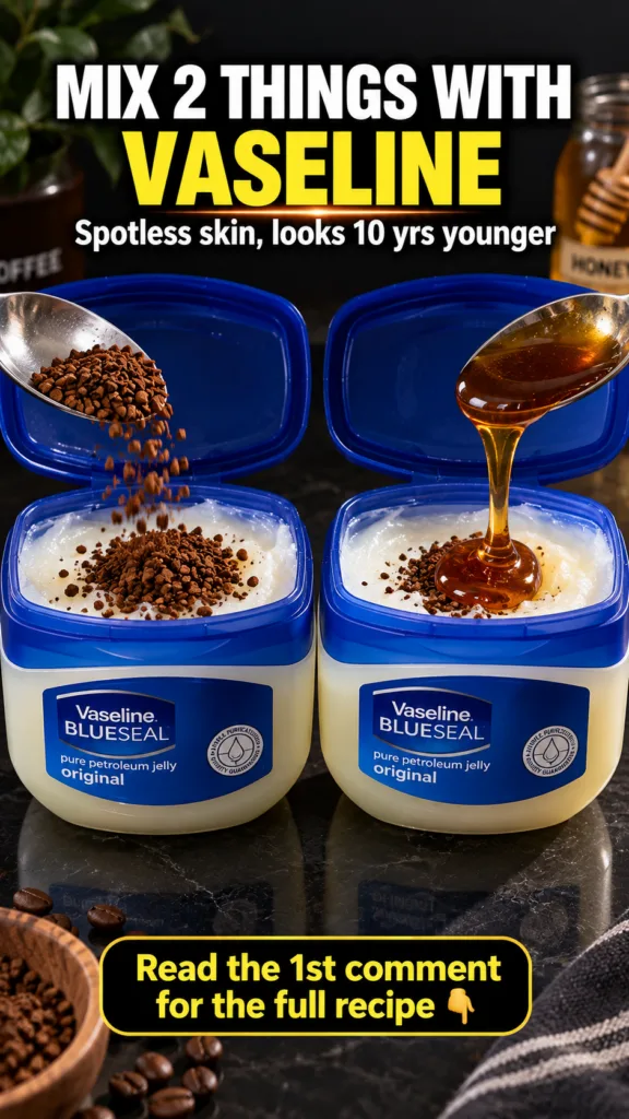 Two tubs of Vaseline with instant coffee granules falling into one and honey drizzling into the other from spoons
