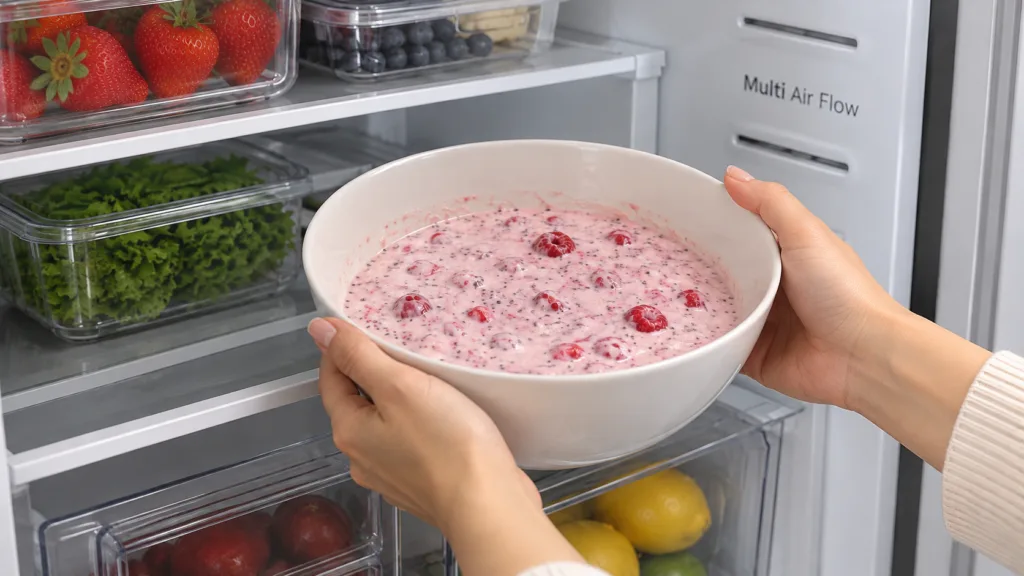 A person s hands holding a white bowl of pink berry and chia seed pudding inside a refrigerator surrounded by fresh frui