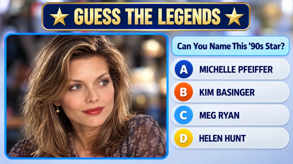 A Guess the Celebrity quiz image featuring a medium close-up portrait of actress Meg Ryan framed in blue Below the image