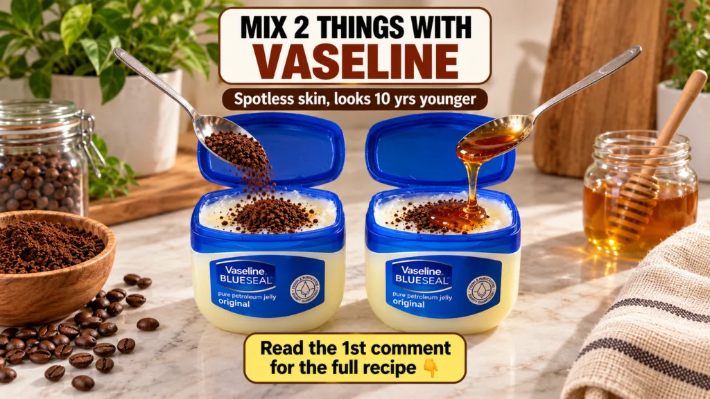 Two open tubs of Vaseline on a marble surface In one a spoon sprinkles coffee granules and in the other a spoon drizzles