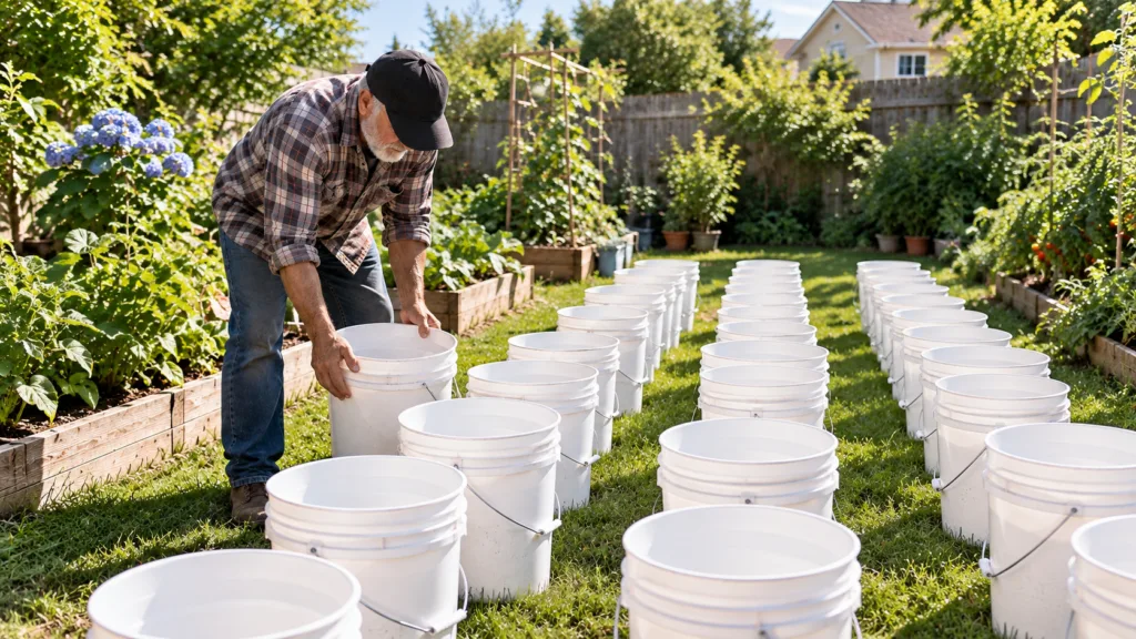 An older man tending to his garden holding a bucket among rows of white buckets with lush plants in raised beds behind h