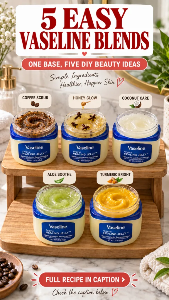 Five jars of Vaseline Healing Jelly each blended with a different natural ingredient coffee honey coconut oil aloe vera
