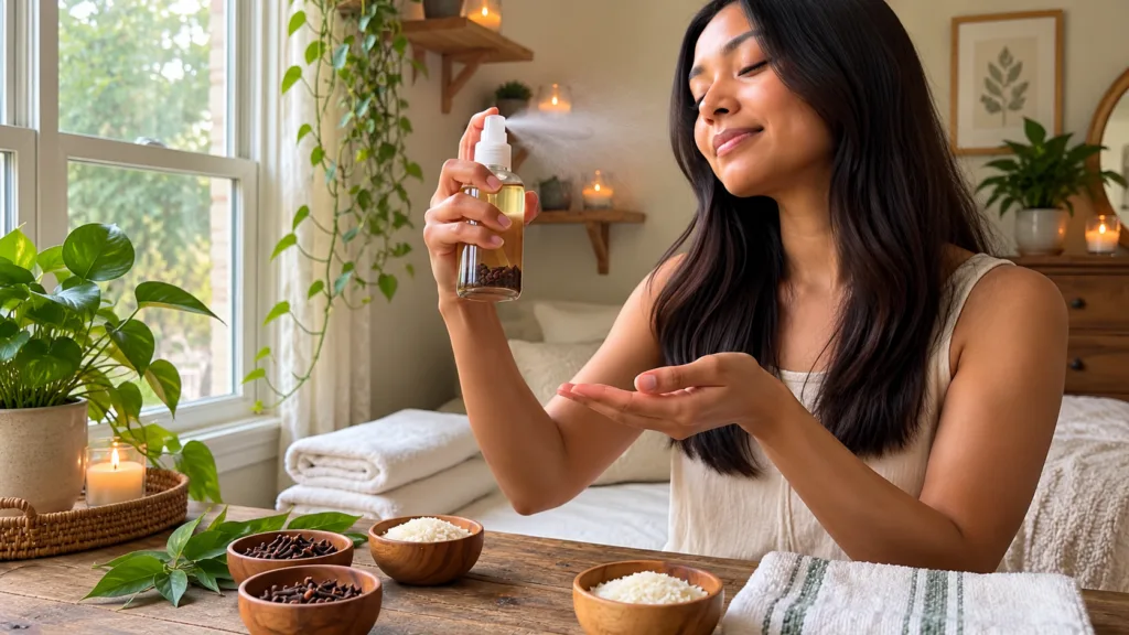 A person s hand holding a natural spray bottle releasing a fine mist onto a serene face with cloves and rice in wooden b