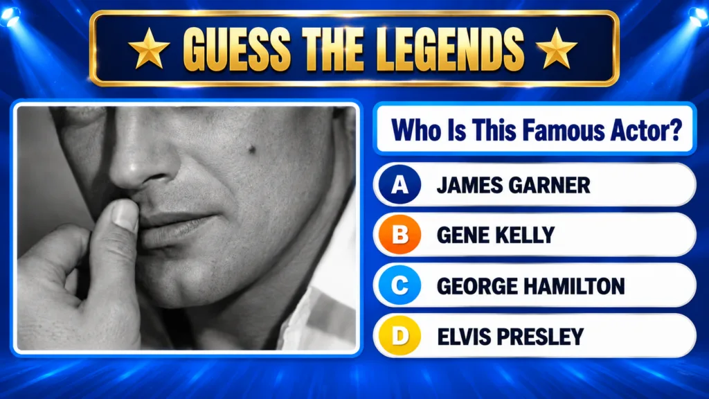 A black and white close-up of actor George Hamilton from a quiz focusing on his face a prominent mole and him touching h