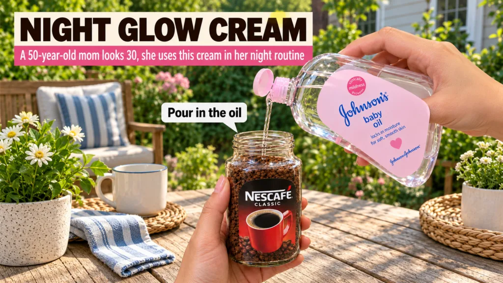 Hands pouring Johnson s baby oil into a glass jar with Nescafe Classic coffee granules outdoors with green foliage in th