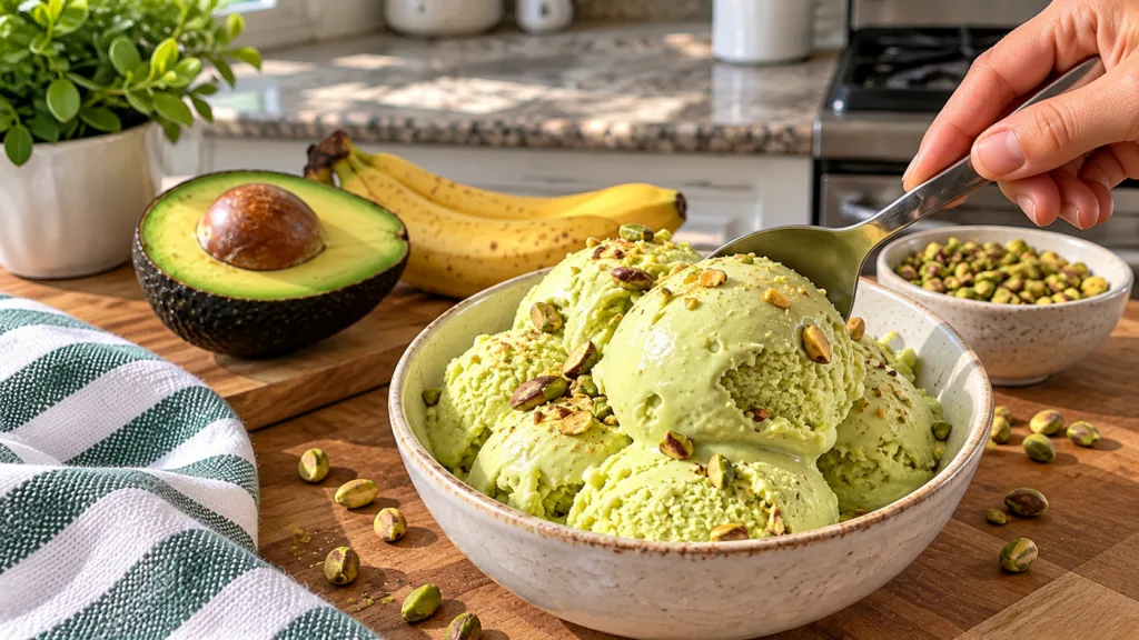A bowl of vibrant green avocado ice cream topped with chopped pistachios with a hand holding a spoon poised to scoop In 