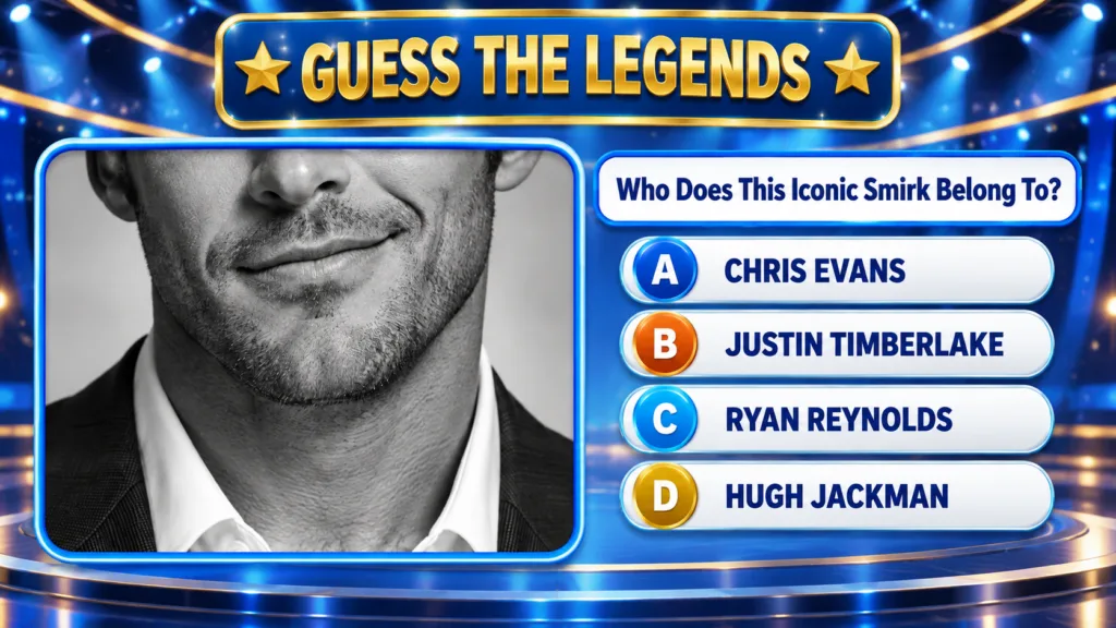 A celebrity quiz image showing a cropped black and white photo of a man s lower face with a smirk and stubble asking Who