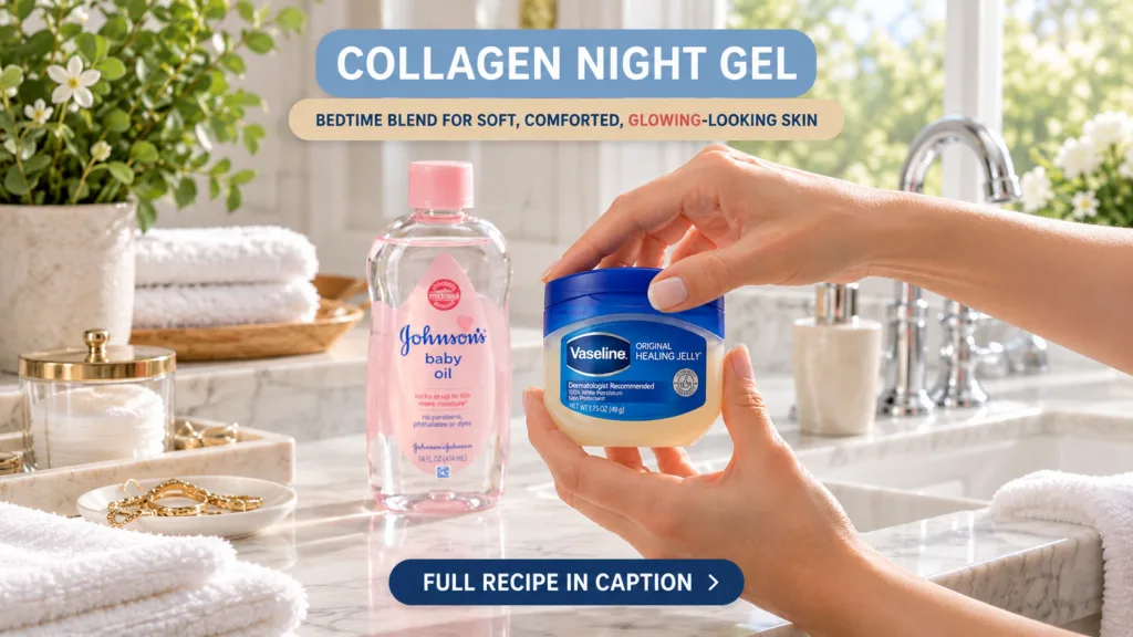 A person s hands holding a jar of Vaseline Original Healing Jelly with a bottle of baby oil and white towels in a blurre