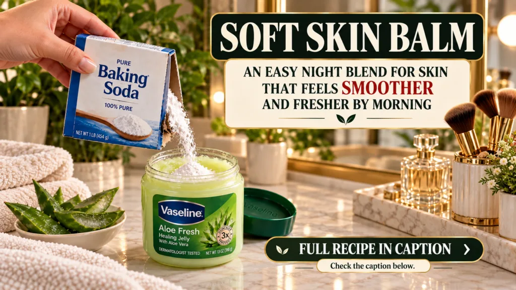 A hand pouring white baking soda powder from a cardboard box into a clear glass jar of green Vaseline Aloe Fresh Healing