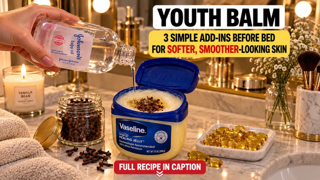 A close-up of hands pouring Johnson s baby oil into a tub of Vaseline mixed with cloves with additional cloves and vitam