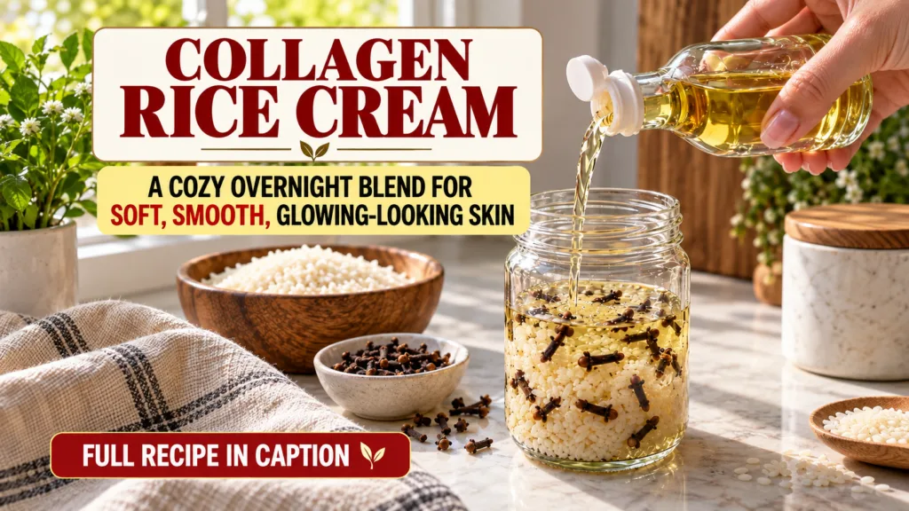 A hand pouring golden oil onto white rice grains and cloves in a clear glass jar with a bowl of rice and loose cloves in