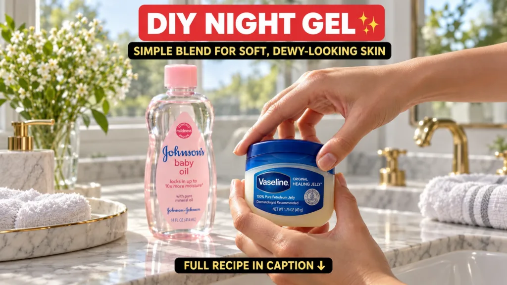 A pair of hands holding a jar of Vaseline with a bottle of Johnson s baby oil in the soft-focus background on a light ma