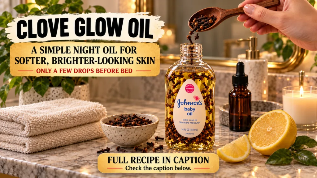 A bottle of Johnson s baby oil infused with cloves with a hand adding more cloves from a wooden spoon Surrounding elemen