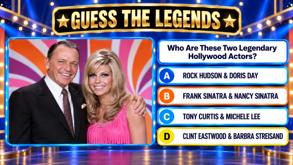 A quiz image titled GUESS THE LEGENDS featuring a photograph of Frank Sinatra and Nancy Sinatra smiling with multiple-ch