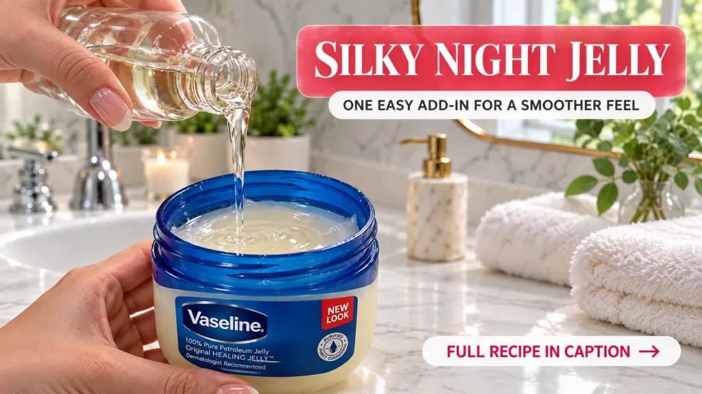 A close-up of clear liquid being poured from a glass bottle into an open jar of Vaseline Petroleum Jelly with hands hold