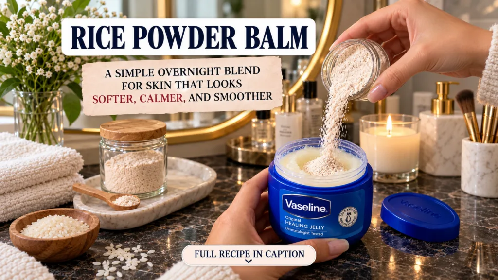Hands pouring fine rice powder into a jar of Vaseline healing jelly against a blurred bathroom vanity Focus on the mixin