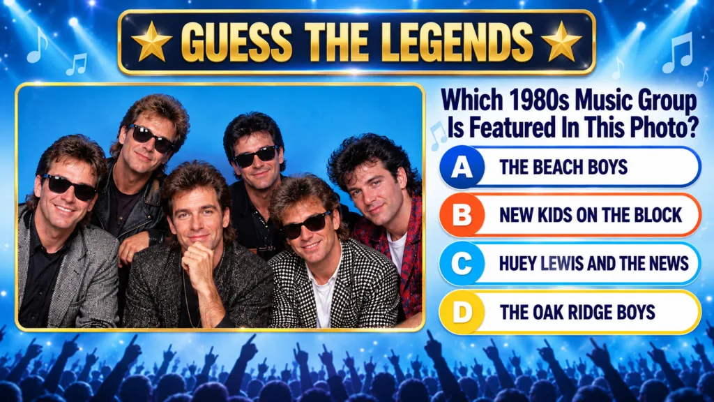Quiz image showing Huey Lewis and The News with the question Which 1980s Music Group Is Featured In This Photo and multi