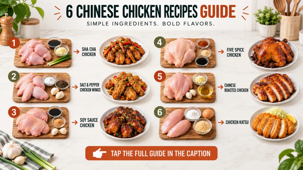 An infographic showcasing 6 different vegan Chinese chicken recipes laid out in a clean vertical grid Each recipe featur