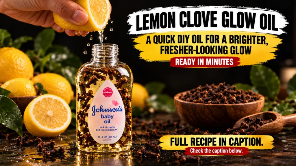 A hand squeezing lemon juice into a bottle of baby oil with cloves inside surrounded by lemons and cloves on a dark wet 