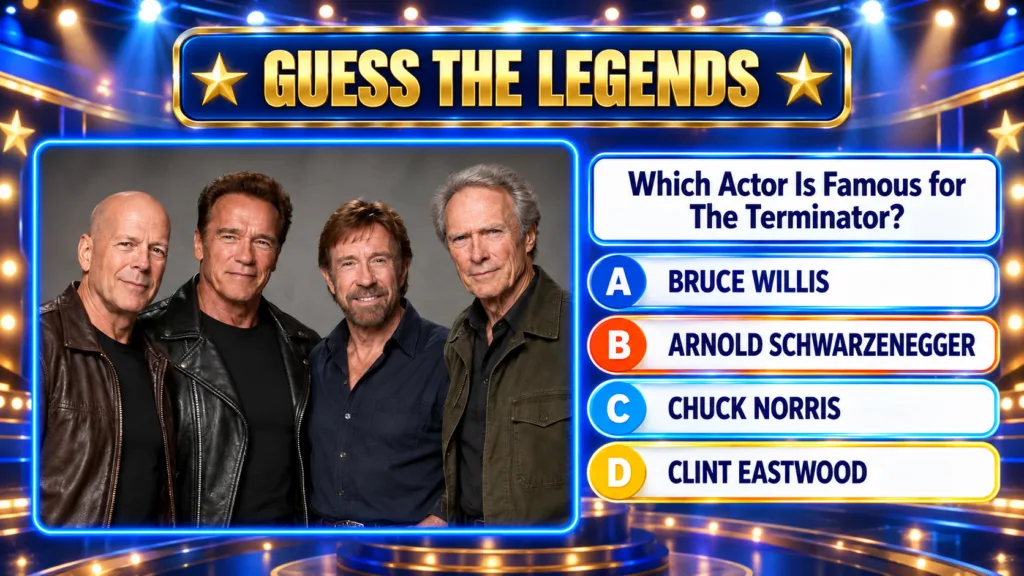 A quiz image showing four action movie legends Bruce Willis Arnold Schwarzenegger Chuck Norris and Clint Eastwood with t