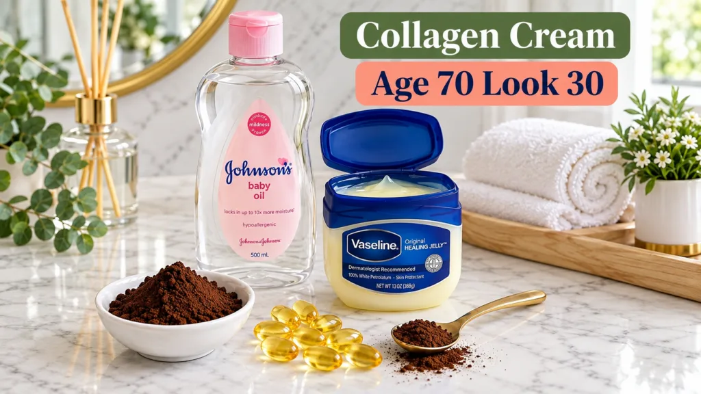 Ingredients for a homemade collagen cream including a jar of Vaseline a bottle of baby oil a bowl of coffee grounds and