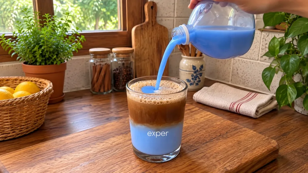 Vibrant blue liquid being poured from a clear bottle into a glass containing coffee and foam creating a layered drink