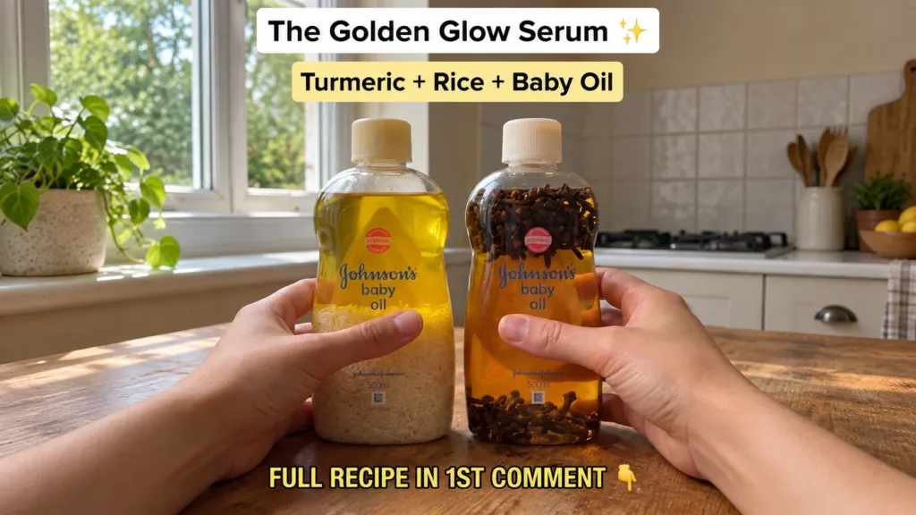 Two bottles of baby oil one infused with rice and one with cloves held by hands against a window background