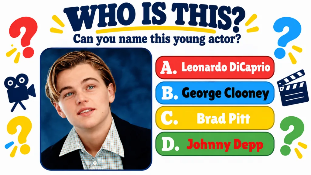 A quiz featuring a portrait of a young Leonardo DiCaprio with the question WHO IS THIS Can you name this young actor