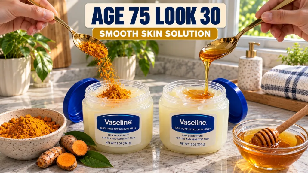 Two open jars of Vaseline on a kitchen counter one with turmeric being added the other with honey being drizzled Bowls o