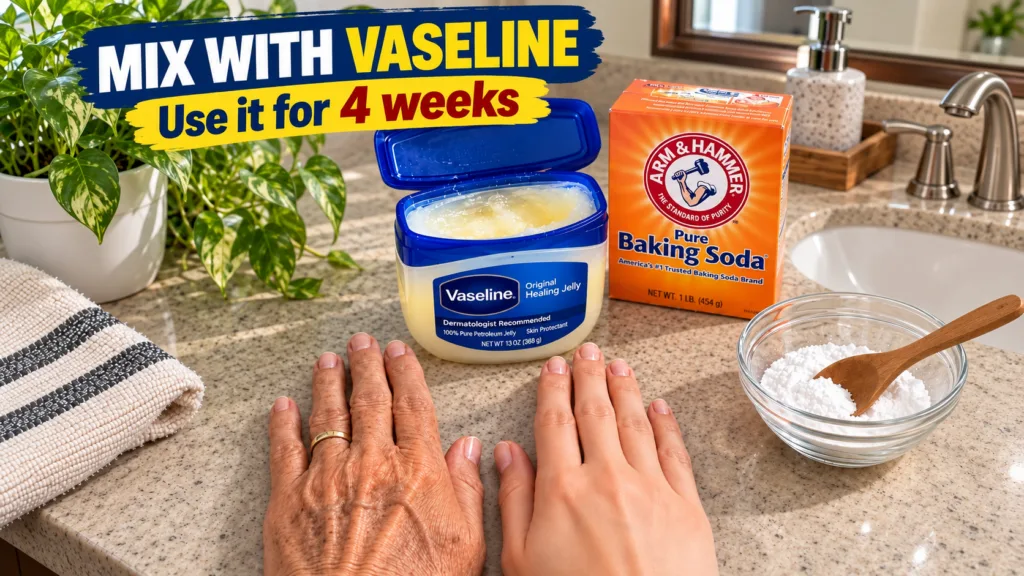 Two hands side-by-side on a countertop one aged and one youthful with Vaseline Healing Jelly and Arm Hammer Baking Soda 