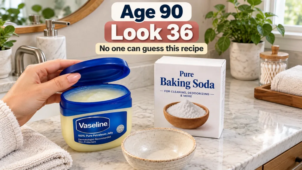 A hand holding a jar of Vaseline next to baking soda on a marble counter with bathroom background