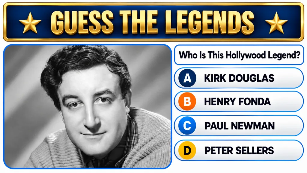 A digital quiz interface featuring a black and white portrait of Peter Sellers with a GUESS THE LEGENDS banner and multi