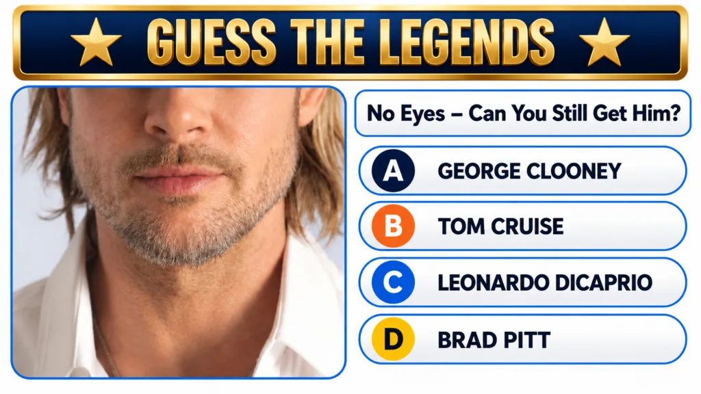 A mobile quiz screen titled GUESS THE LEGENDS showing a cropped close-up of a man s face nose mouth chin beard long blon