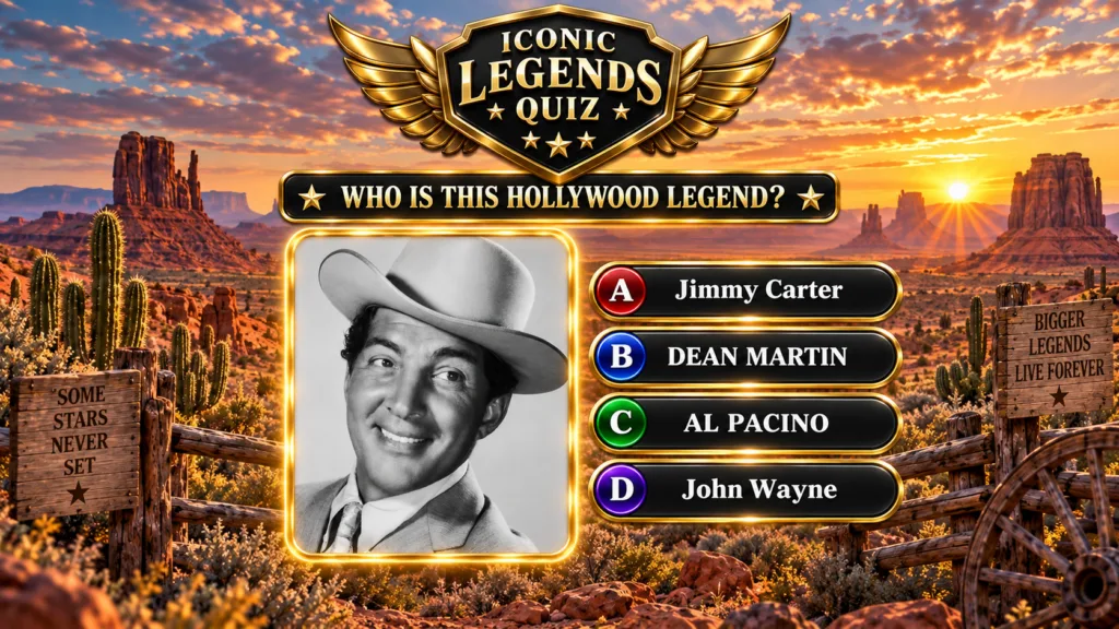 A quiz interface showing a black-and-white portrait of a man in a cowboy hat framed in gold against a desert sunset Mult
