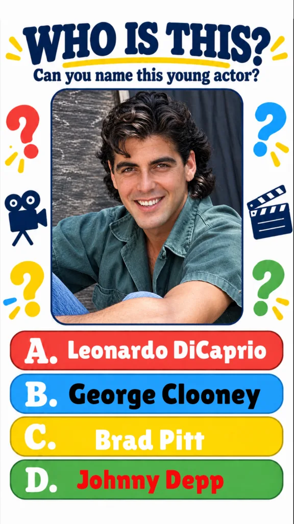 Quiz poster asking WHO IS THIS Can you name this young actor with a headshot of a smiling young George Clooney with dark