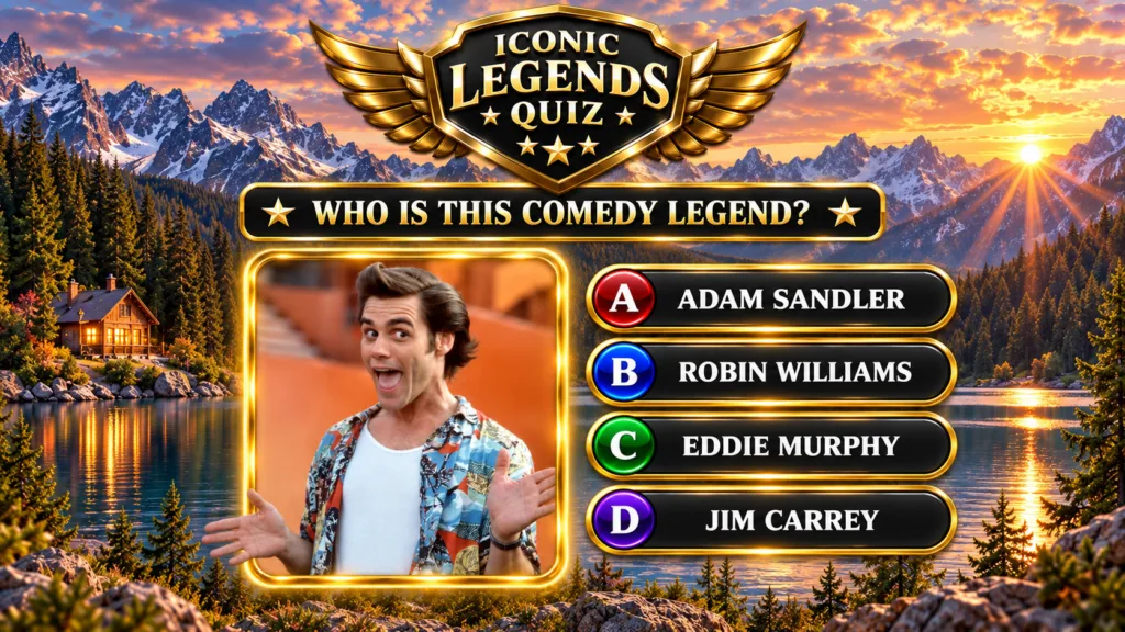 A quiz layout featuring a cutout of comedian Jim Carrey with an expressive face framed in gold against a serene mountain
