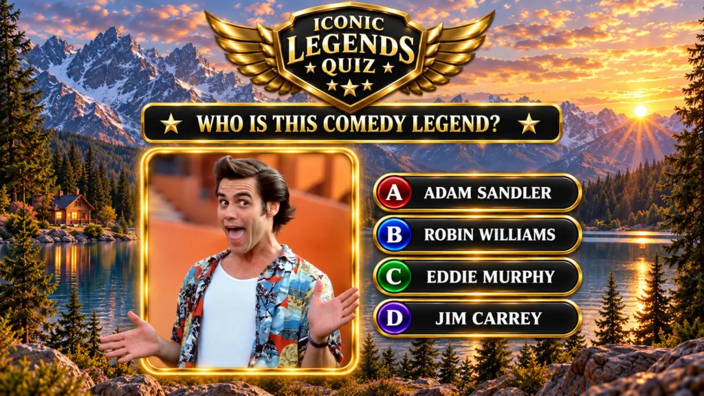 A mobile quiz interface featuring a framed image of Jim Carrey against a sunset lake backdrop The question WHO IS THIS C