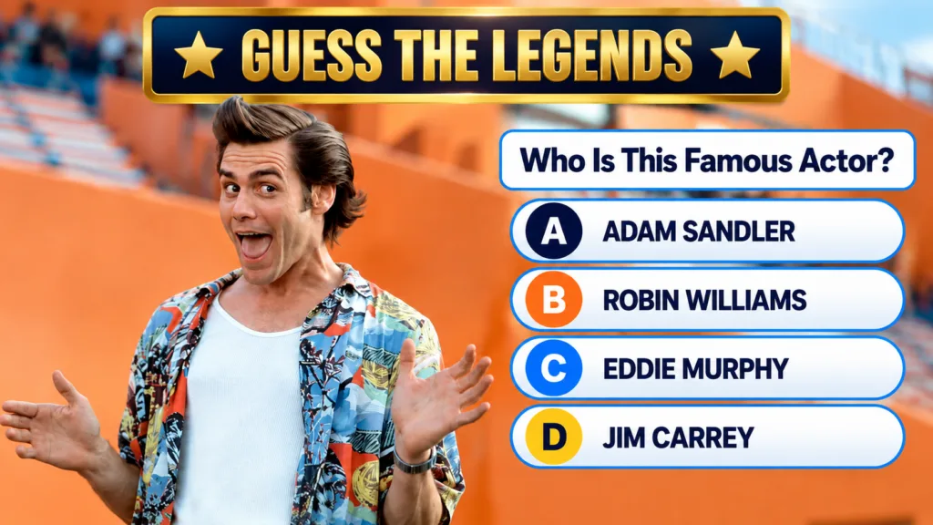 Jim Carrey as Ace Ventura with spiky hair open-mouthed surprised expression wearing a colorful Hawaiian shirt over a whi