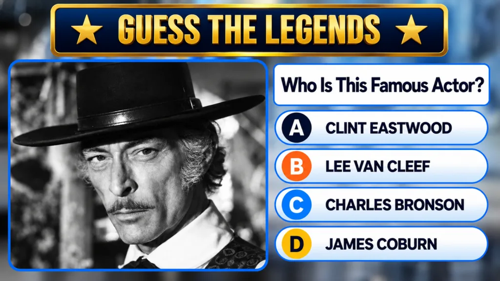 A mobile quiz game interface displaying a black and white portrait of actor Lee Van Cleef with a stern expression and a 