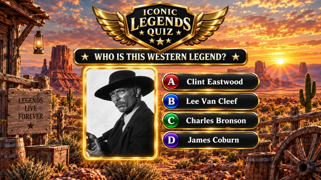 A Western-themed quiz interface with a black and white portrait of Lee Van Cleef as Angel Eyes framed in gold centrally 
