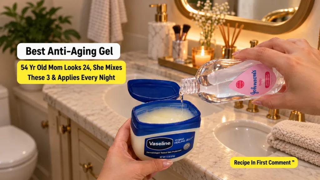 Close-up of hands mixing Vaseline and Johnson s Baby Oil in a jar in a softly lit bathroom