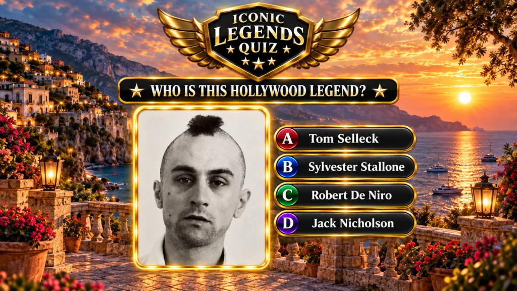 A mobile quiz interface featuring a black and white portrait of Robert De Niro as Travis Bickle centered in a golden fra