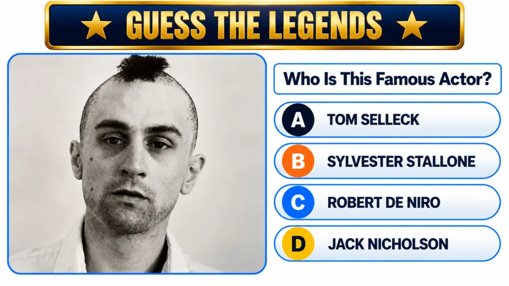A mobile quiz interface featuring a black and white portrait of a young Robert De Niro with a mohawk from his role as Tr